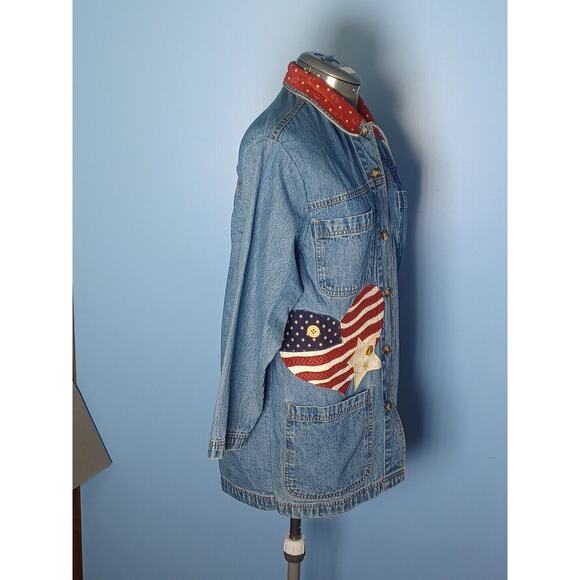 Cabin Creek Denim Chore Coat Womens Medium Americana Stars Hearts Red,White,Blue - Picture 11 of 12